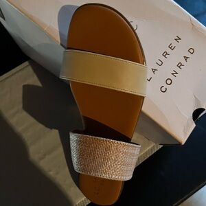 LC Lauren Conrad Tan and Beige Two-Band Slide Sandal